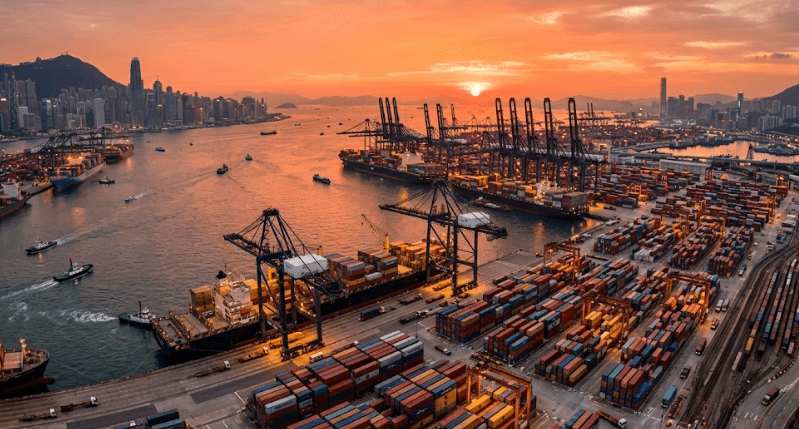 International seaport at golden hour